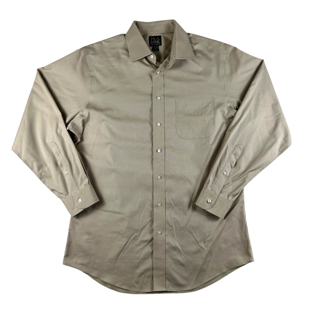 Jos. A. Bank Dress Shirt Mens 16.5 34/35 Beige Solid Slim Fit Non Iron LS